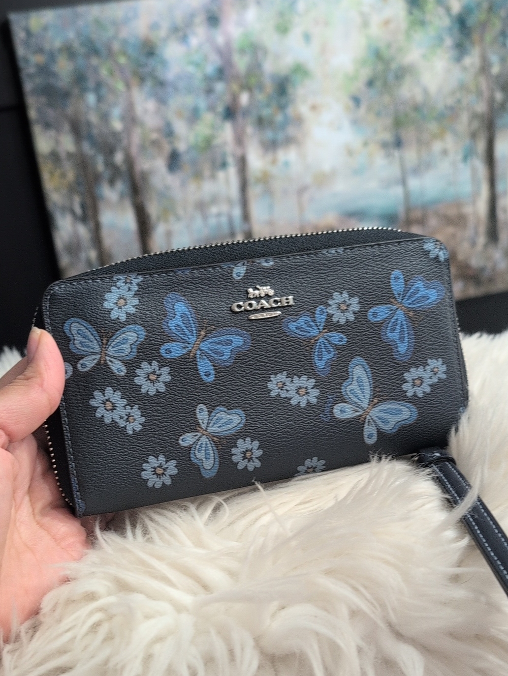 Coach Black Wallet with Blue Butterfly Print